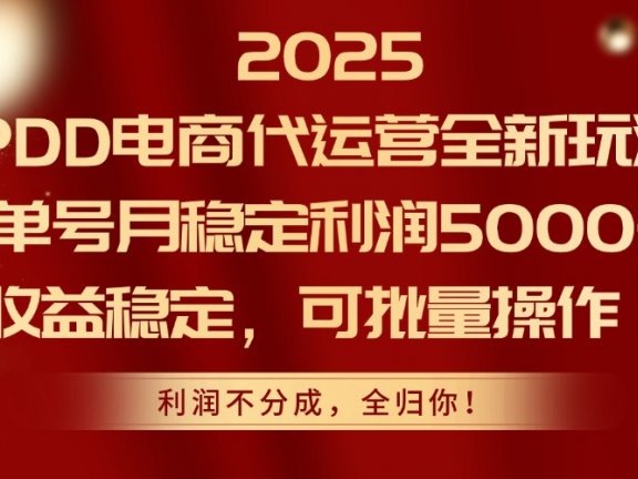 2025 PDD电商代运营全新玩法，单号月稳定利润5000+，收益稳定，可批量操作！