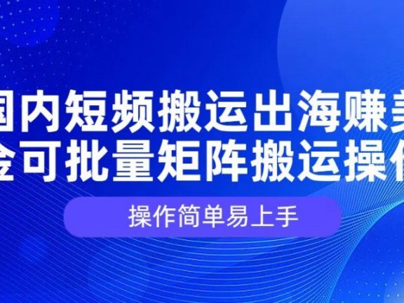 国内短频搬运出海赚美金，可批量矩阵搬运操作，操作简单易上手